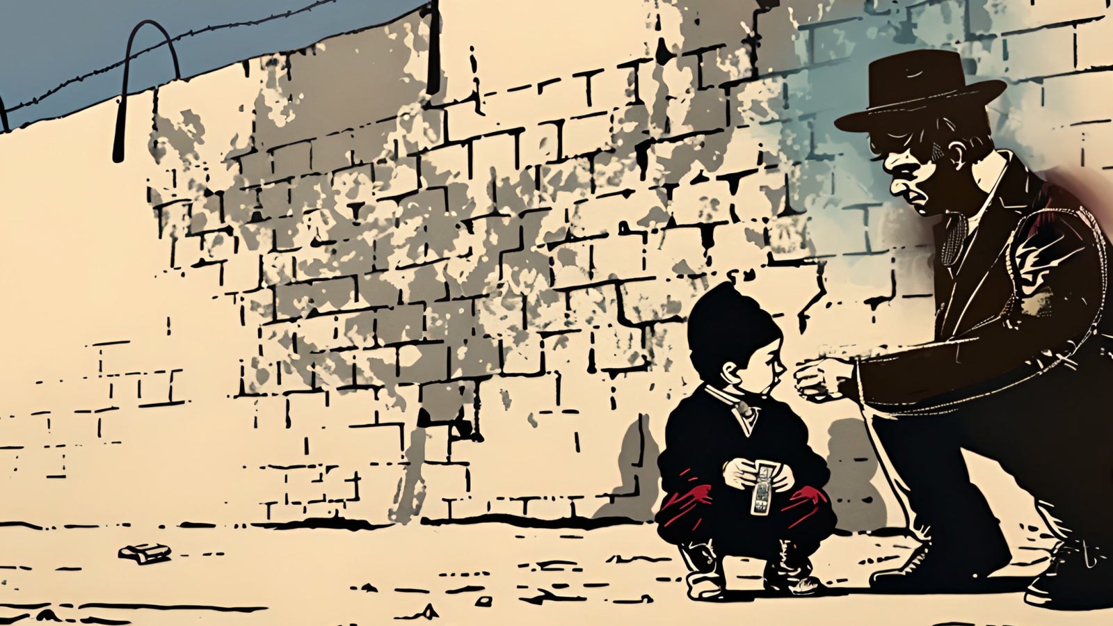 Film still: Emanuel Ringelblum crouching beside a small boy against the ghetto wall, giving him a sweet