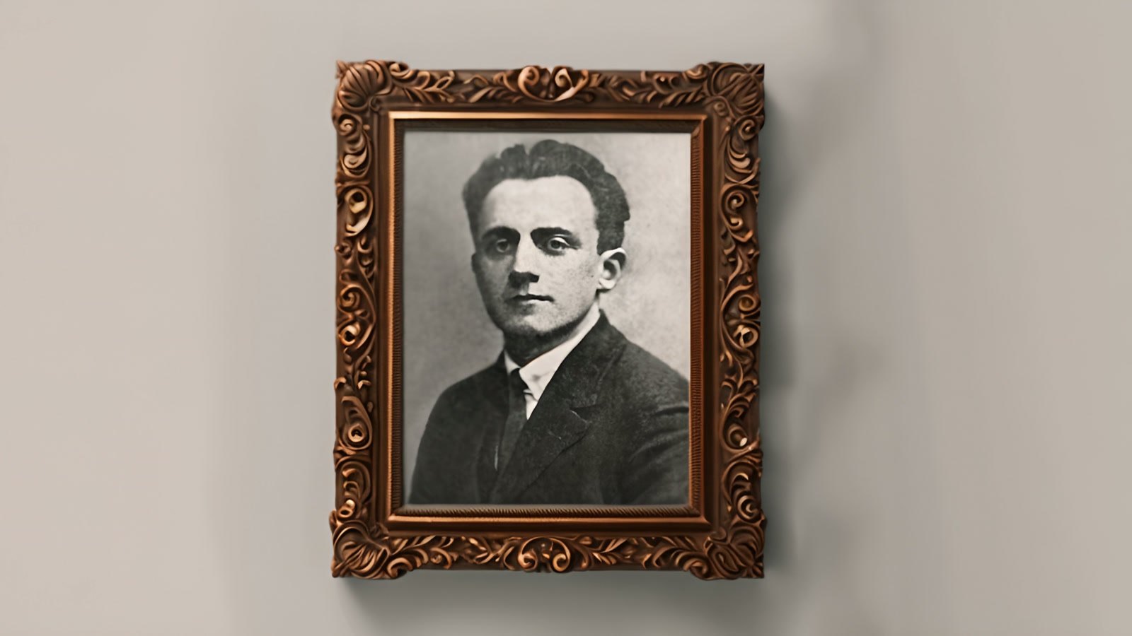 Film still: Emanuel Ringelblum's portrait in a carved gilt frame