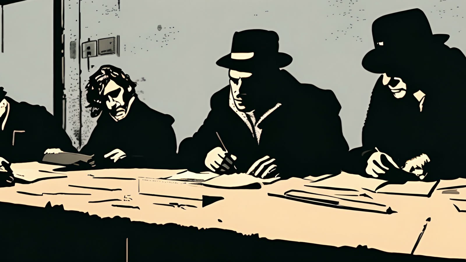 Film still: men bent over a long table, writing
