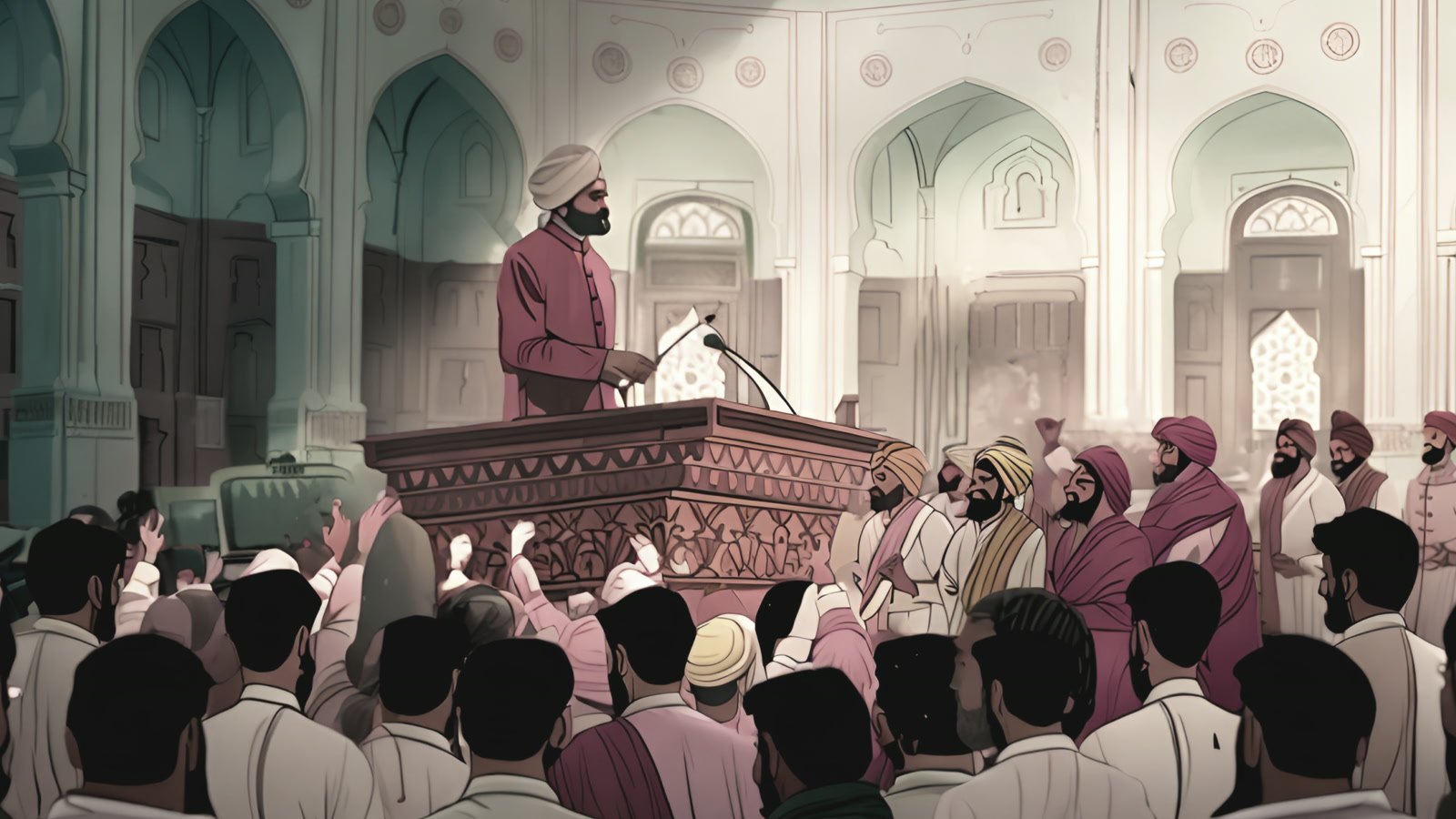 Film still: a turbaned speaker at a carved rostrum above a crowd of members, in a chamber of green and white arches