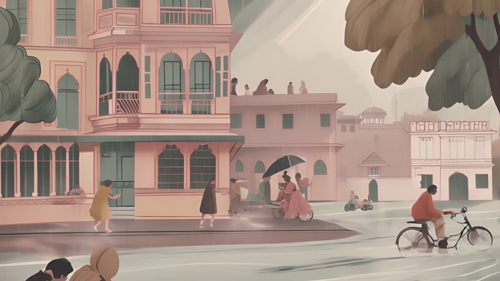 Film still: a pink street of balconied houses as the rain begins, a man on a bicycle, a woman under an umbrella