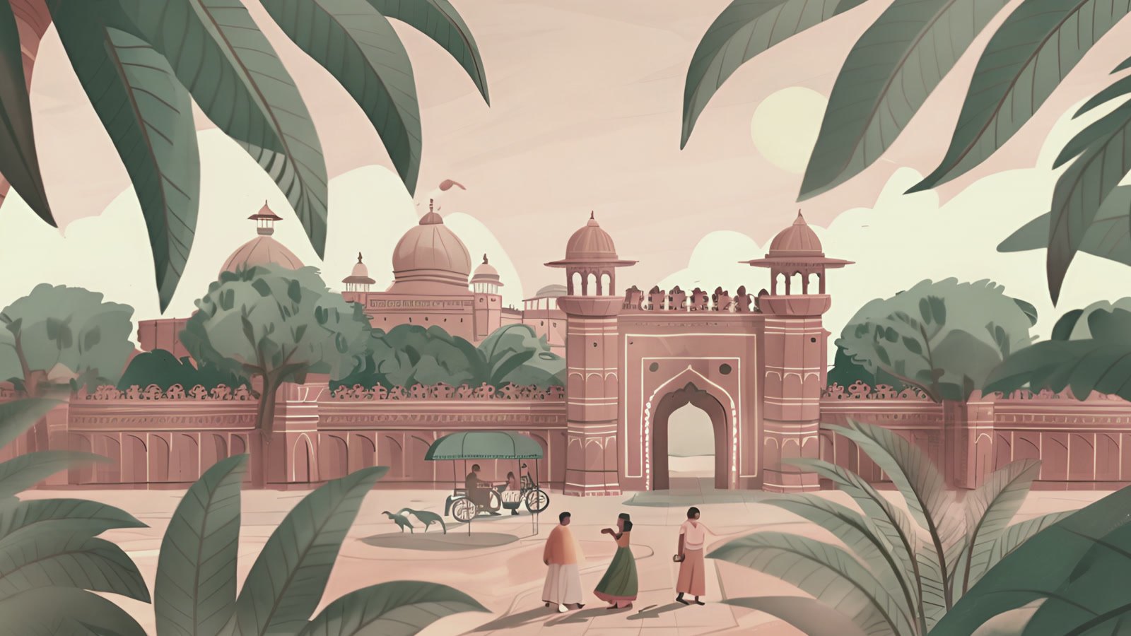 Film still: a sandstone gate and fort wall framed by green palm leaves, people and a cart on the road