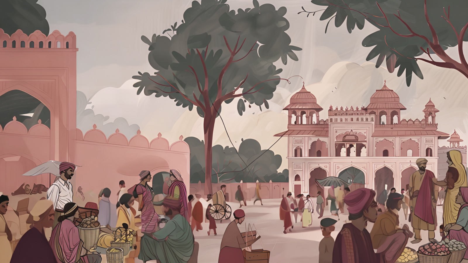 Film still: a crowded market of fruit sellers and shoppers beneath the red walls and domes of a fort