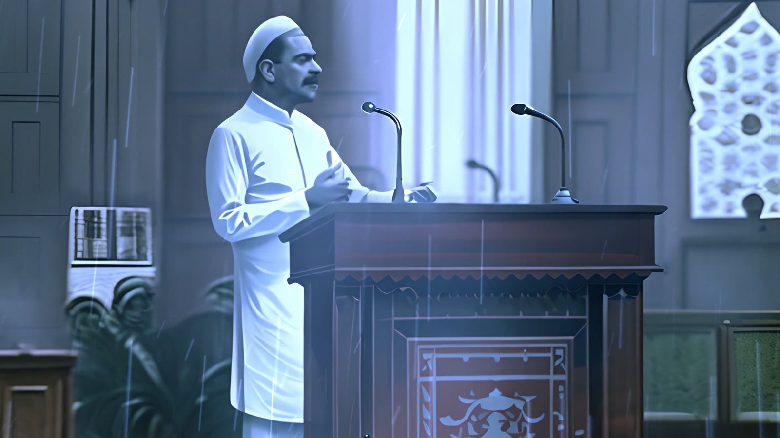 Film still: H.V. Kamath in white at a wooden rostrum, rain falling inside the chamber