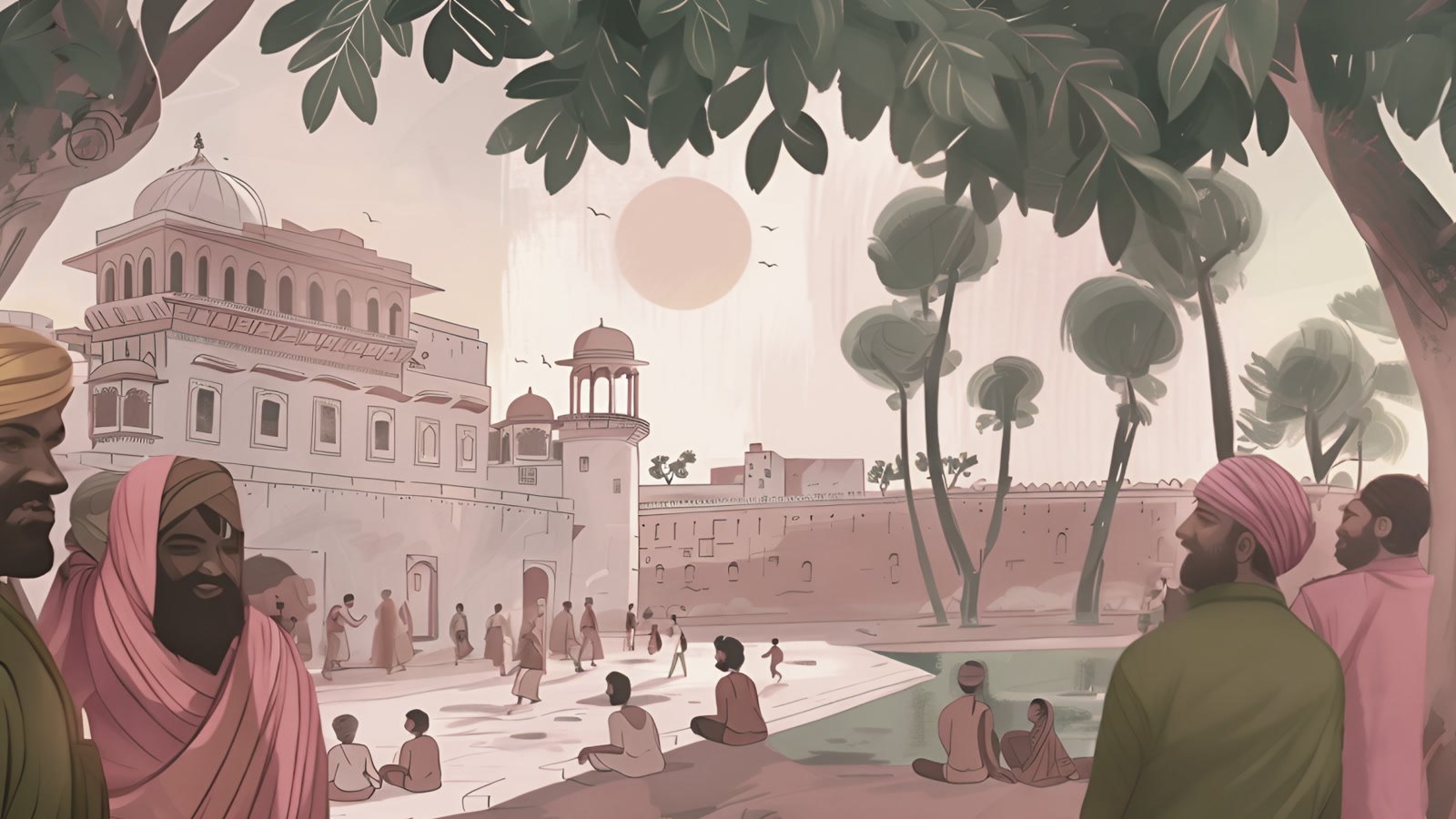 Film still: a palace by the water in dusty pink, people bathing and resting on the steps, a pale sun above the trees
