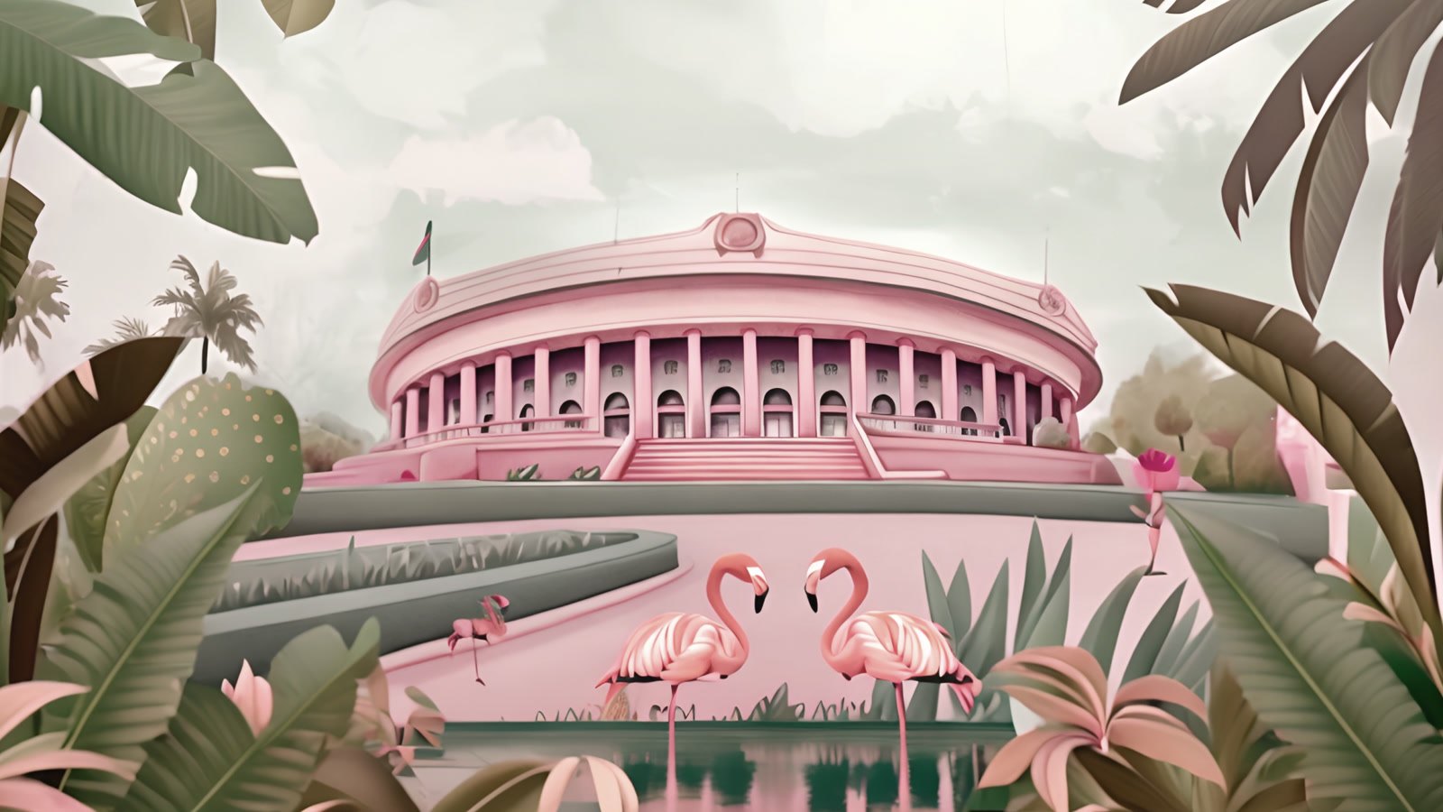 Film still: the round parliament building drawn in pink, among lotus leaves, palms and flamingos
