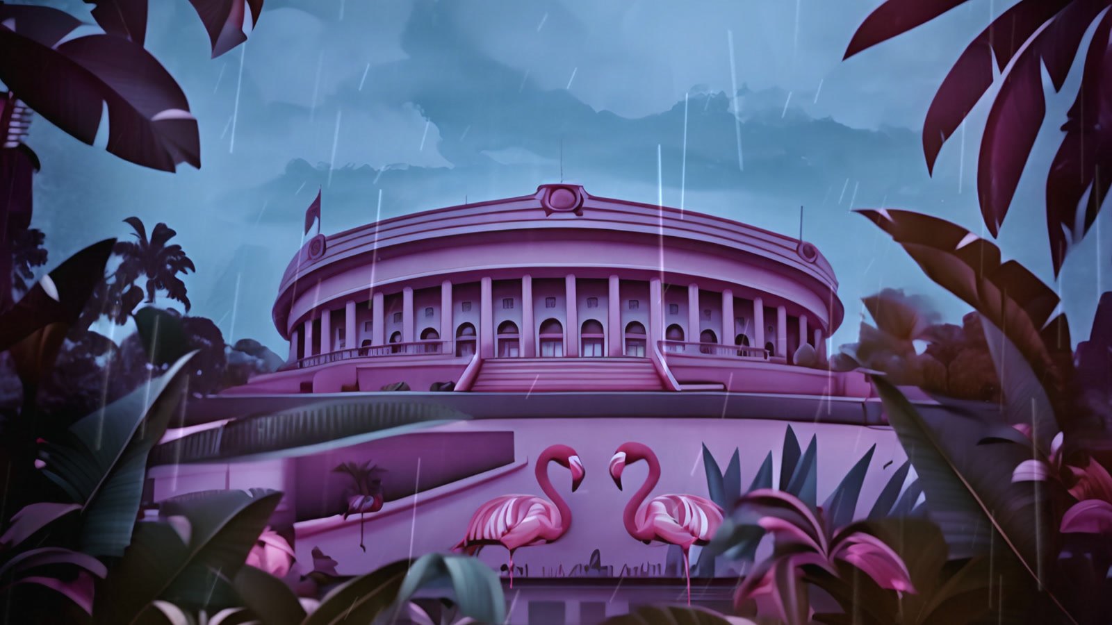 Film still: the round parliament building in violet light, rain falling, flamingos among dark leaves
