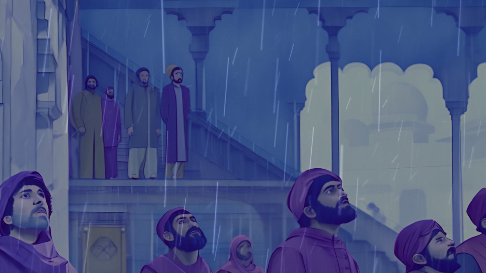 Film still: members of parliament in violet light looking up as rain falls inside the chamber