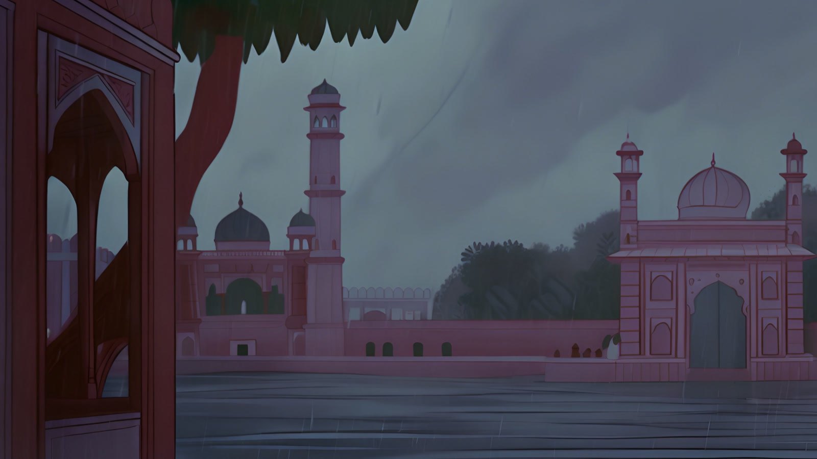 Film still: a mosque and its minaret under a grey storm sky, seen through a carved doorway