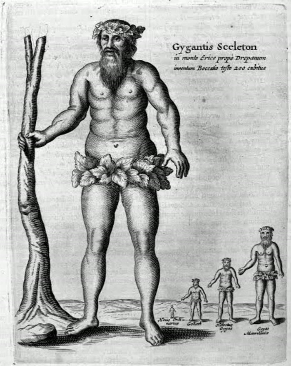 Early modern engraving, 'Gygantis Sceleton', a giant beside smaller figures