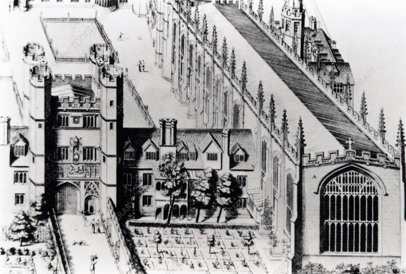An engraving of Trinity College's main gate tower and the buildings beside it