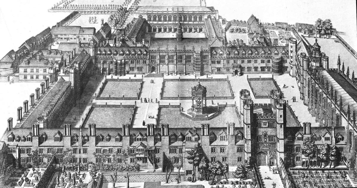 A print of Trinity College, Cambridge, from 1690, in bird's-eye view