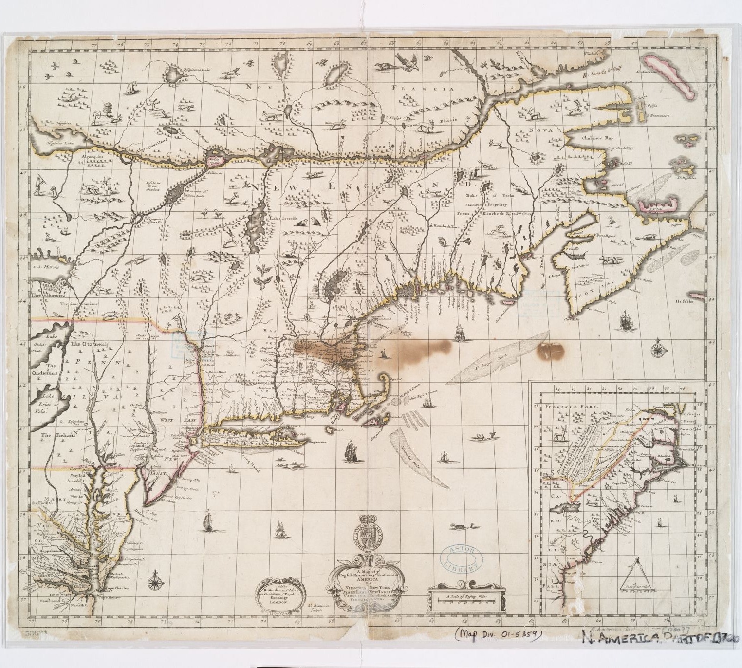 Historical map showing the northeastern American coast with whaling detail