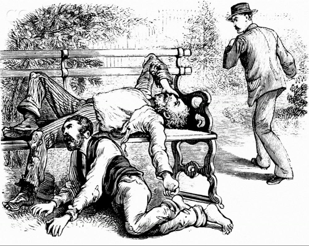 Engraving of men dying on a park bench during the yellow fever epidemic