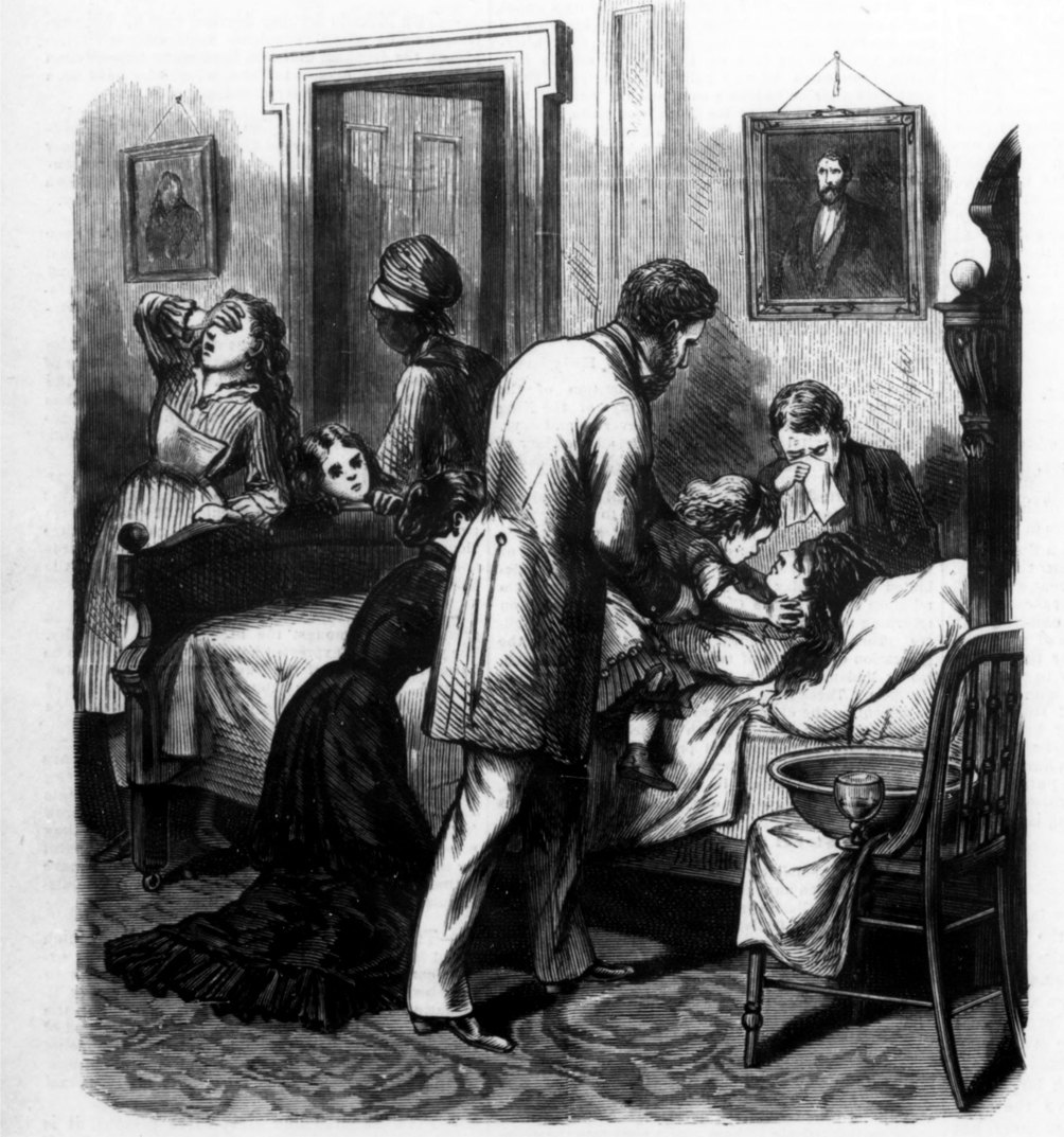 Engraving from the 1878 newspaper page: a family gathered at a deathbed