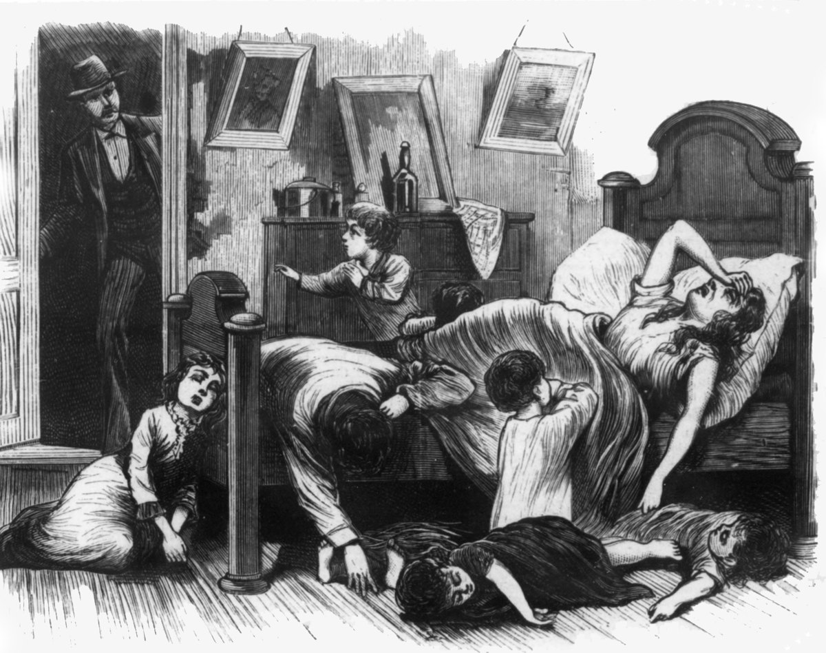 Engraving from the 1878 newspaper page: a mother collapsed in bed with her children around her