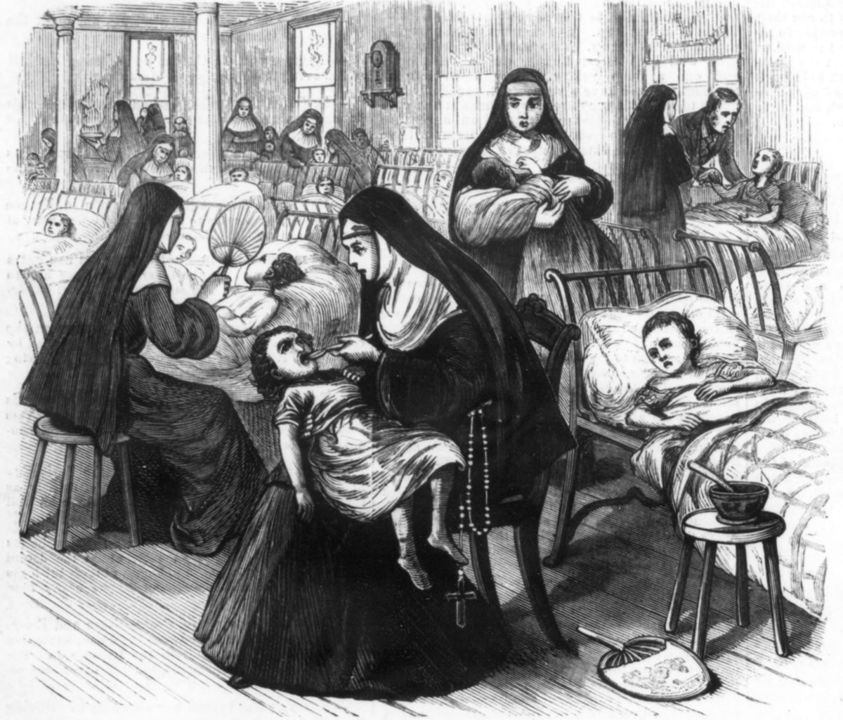 Engraving from the 1878 newspaper page: nuns tending sick children in a ward
