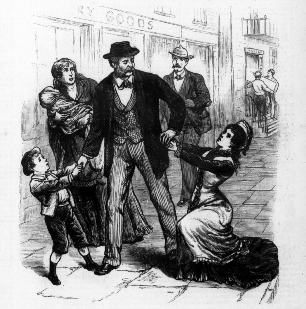 Engraving from the 1878 newspaper page: a man held back by a pleading woman and children in a street