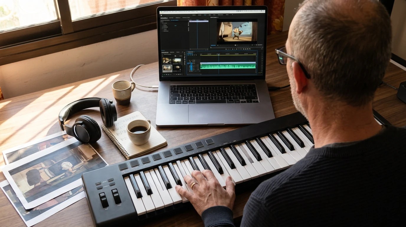 A composer at a keyboard, scoring an animated film playing on a laptop beside him