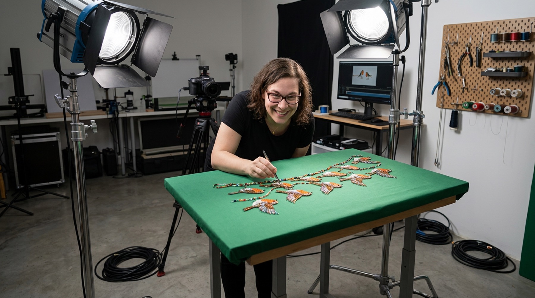 The studio: a green table under lights, a camera on a stand, a monitor showing the frame