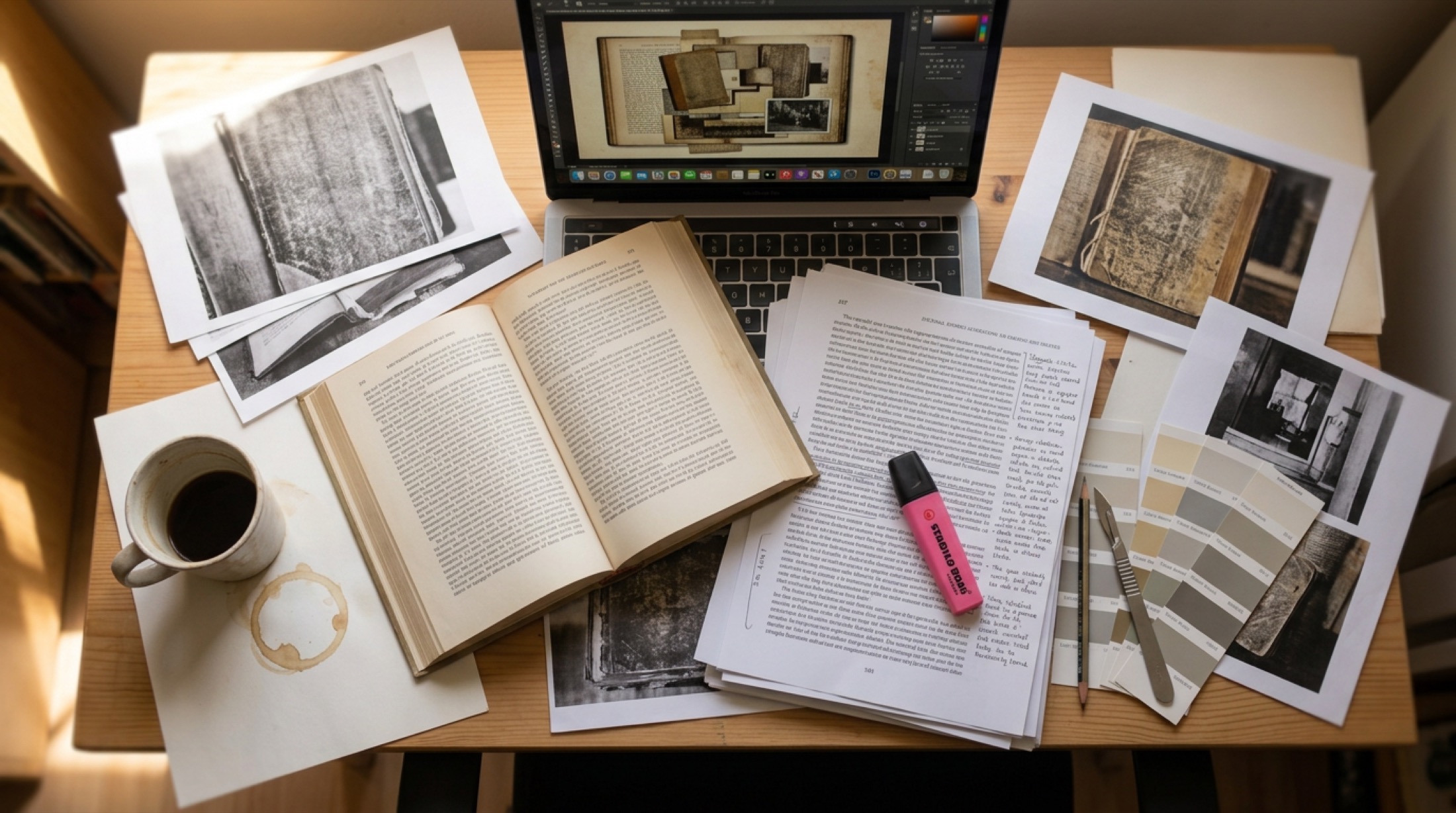 A desk covered with an open book, annotated papers, archival photographs and colour swatches