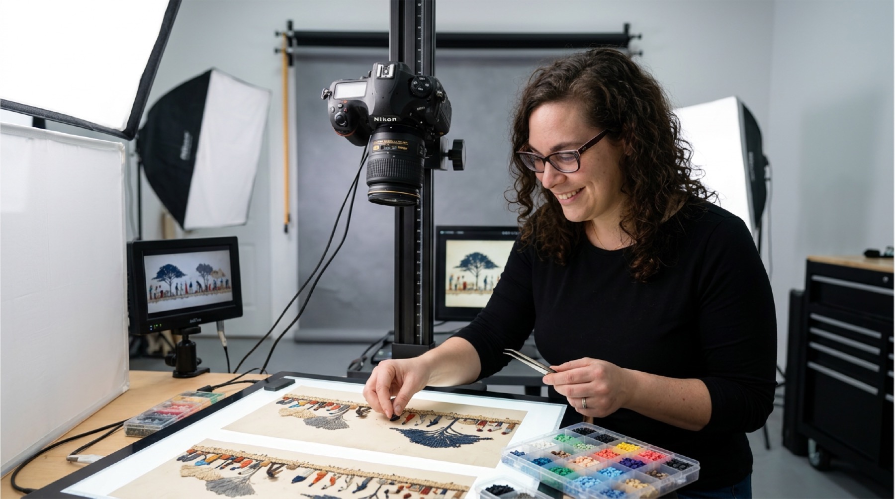 Daniella Koffler placing cut illustrated pieces by hand under the camera