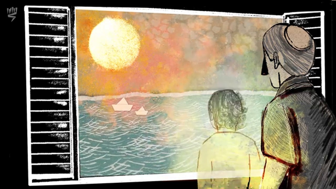 Film still: an old man in a skullcap at a window over the sea, the boy he was standing beside him