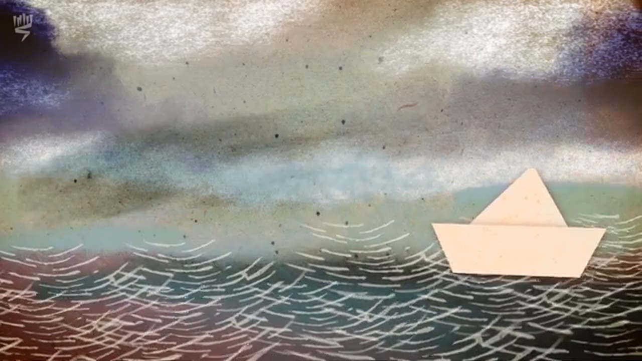 Film still: a paper boat on a grey, choppy sea
