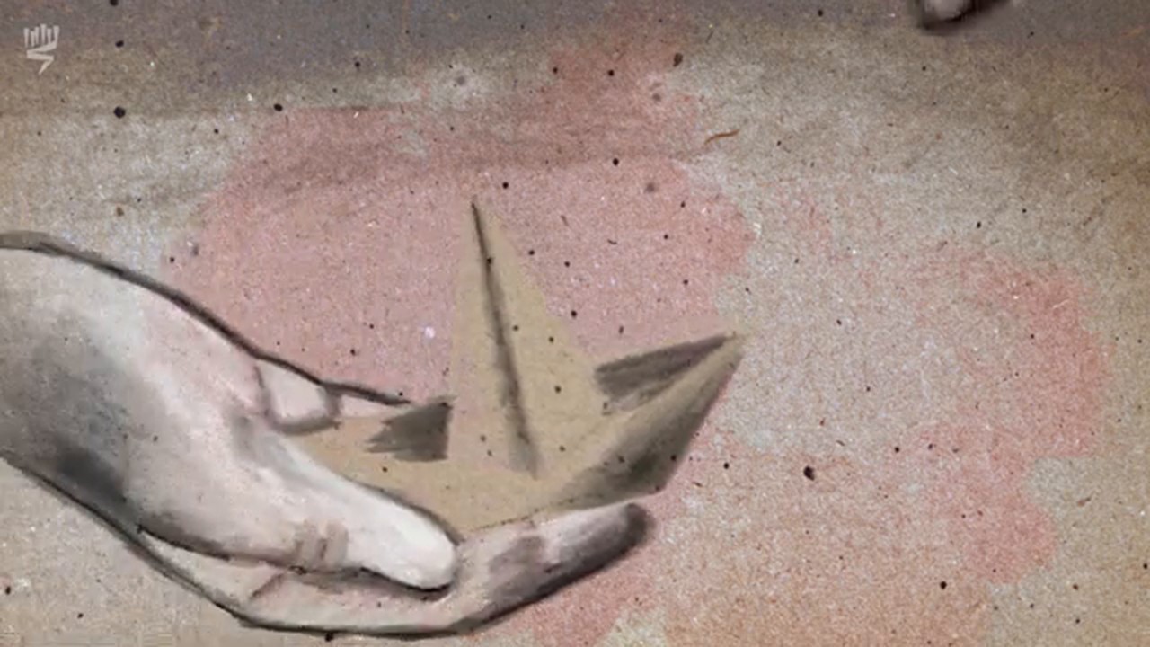 Film still: an open hand holding a small paper boat