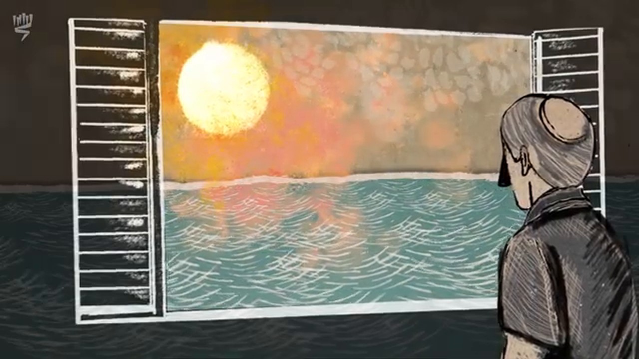 Film still: an old man in a skullcap at a window over the sea under a hazy orange sun