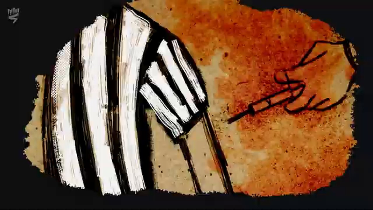 Film still: a gloved hand giving an injection into a striped sleeve, on a rust-orange ground