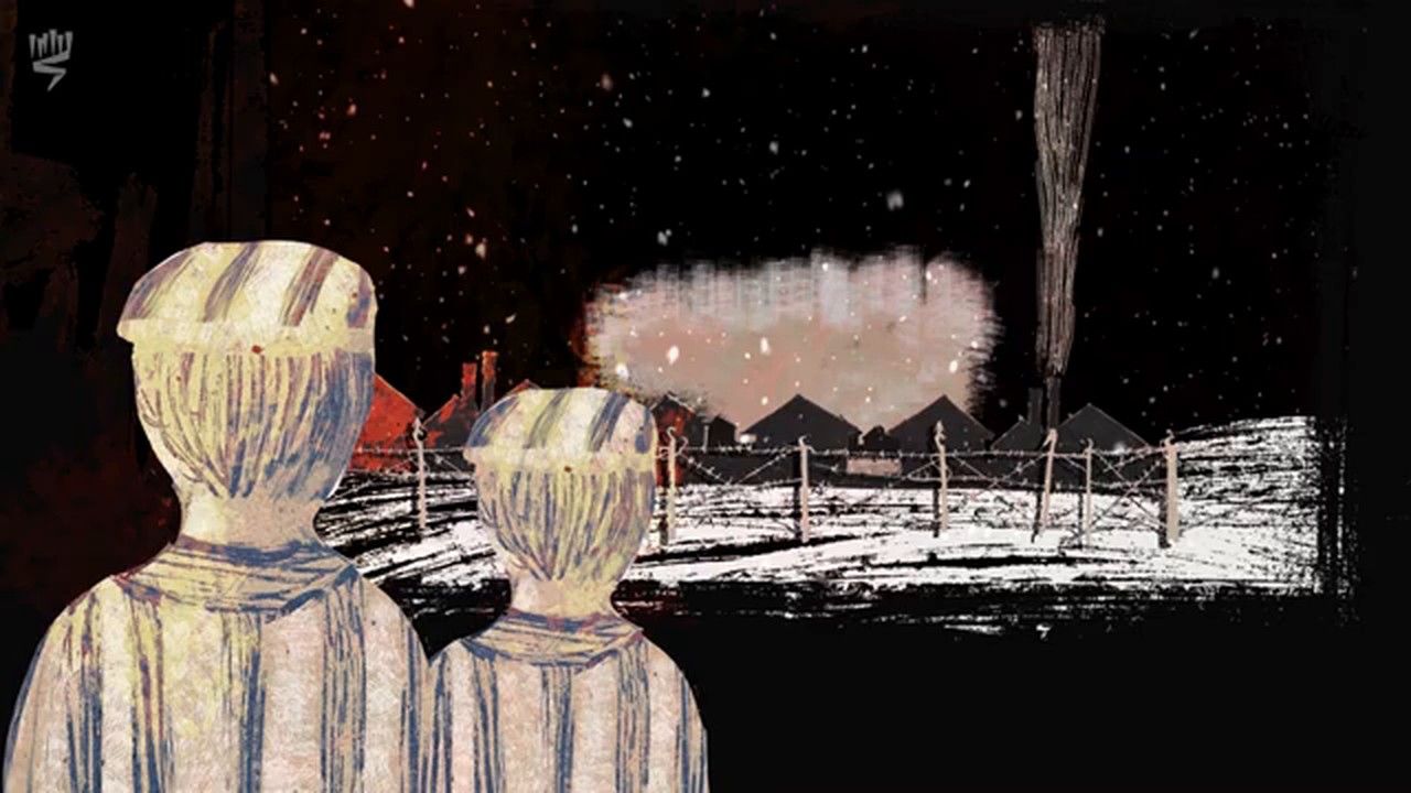 Film still: two boys in striped clothes seen from behind, looking at the camp and a smoking chimney
