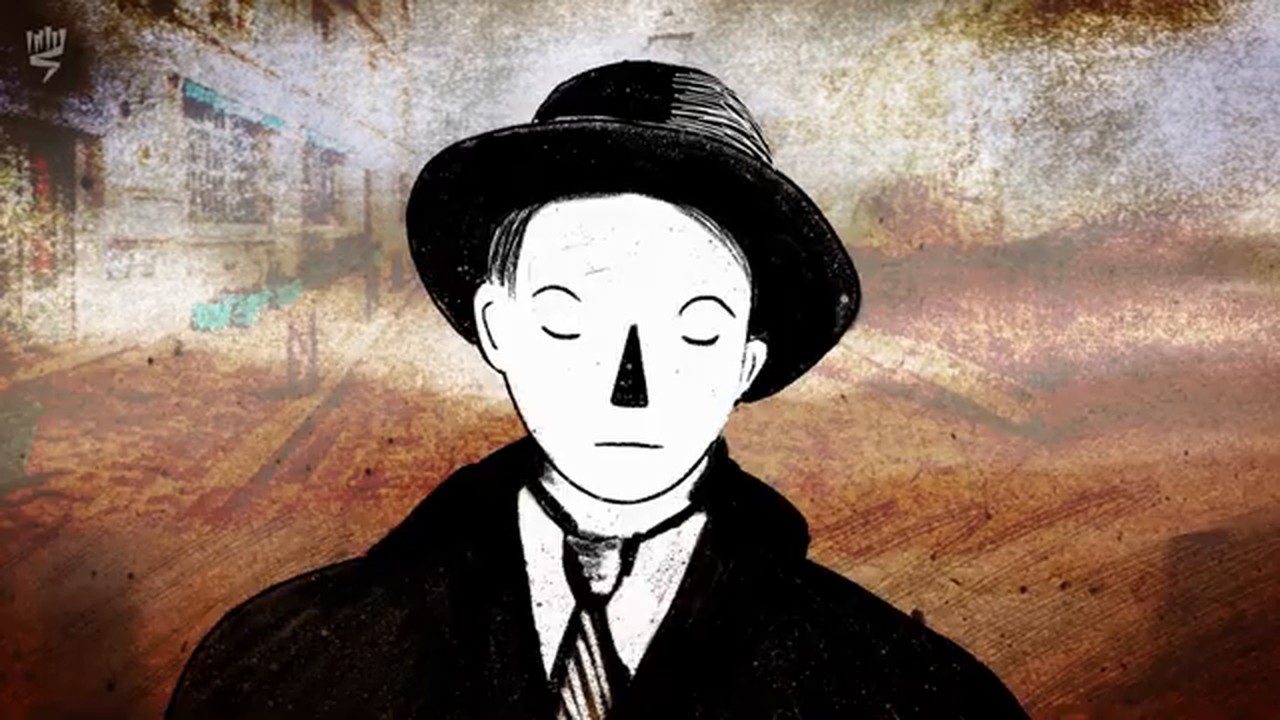 Film still: a young man in a black hat and tie, eyes closed