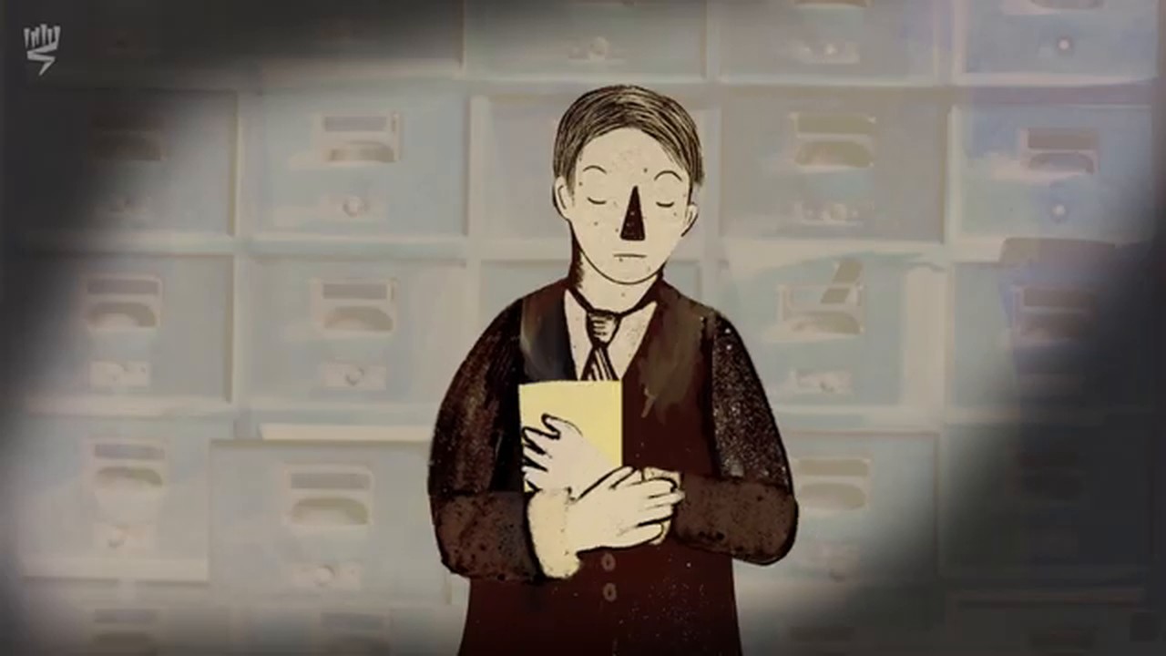 Film still: a young man in front of a wall of card drawers, holding a card to his chest