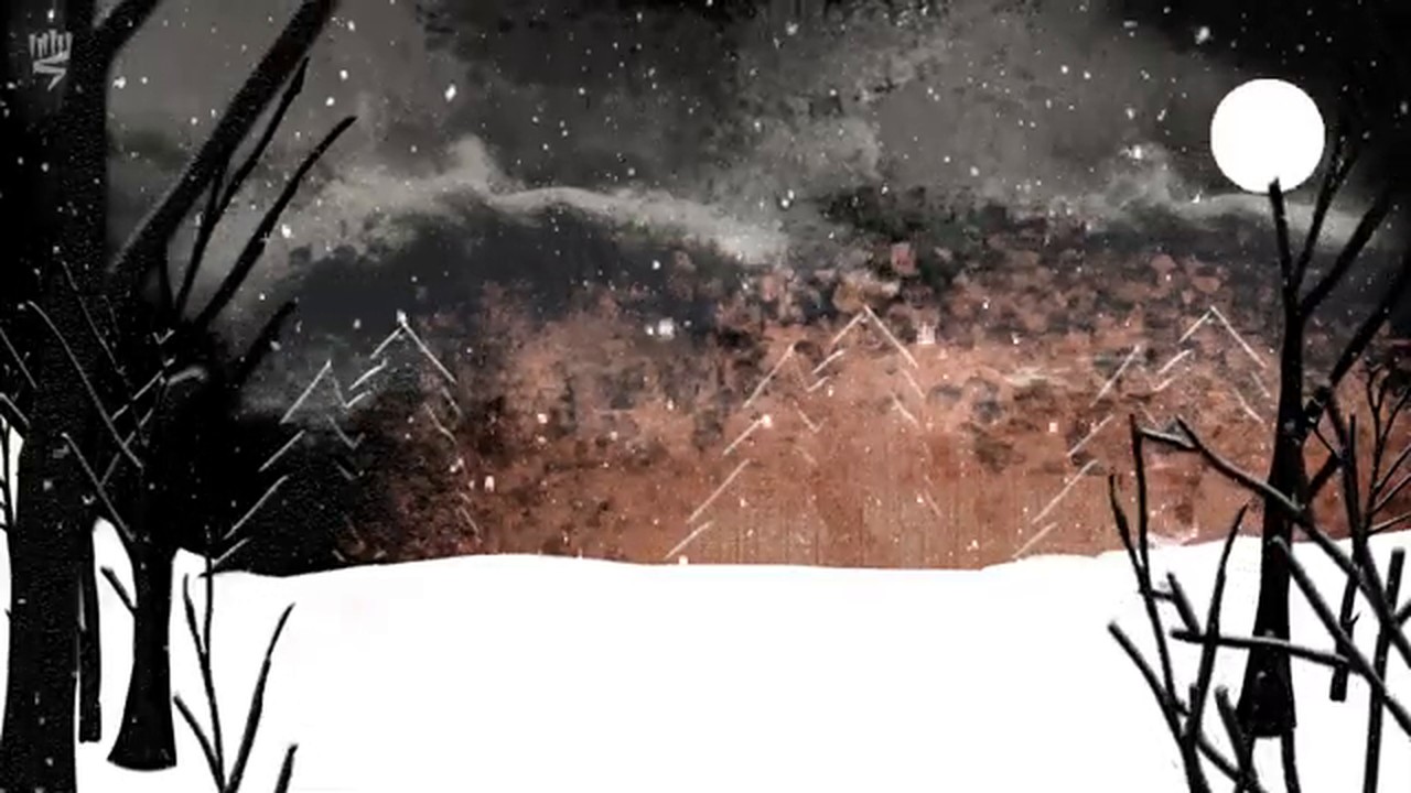 Film still: a train crossing a snowy plain at night under a full moon