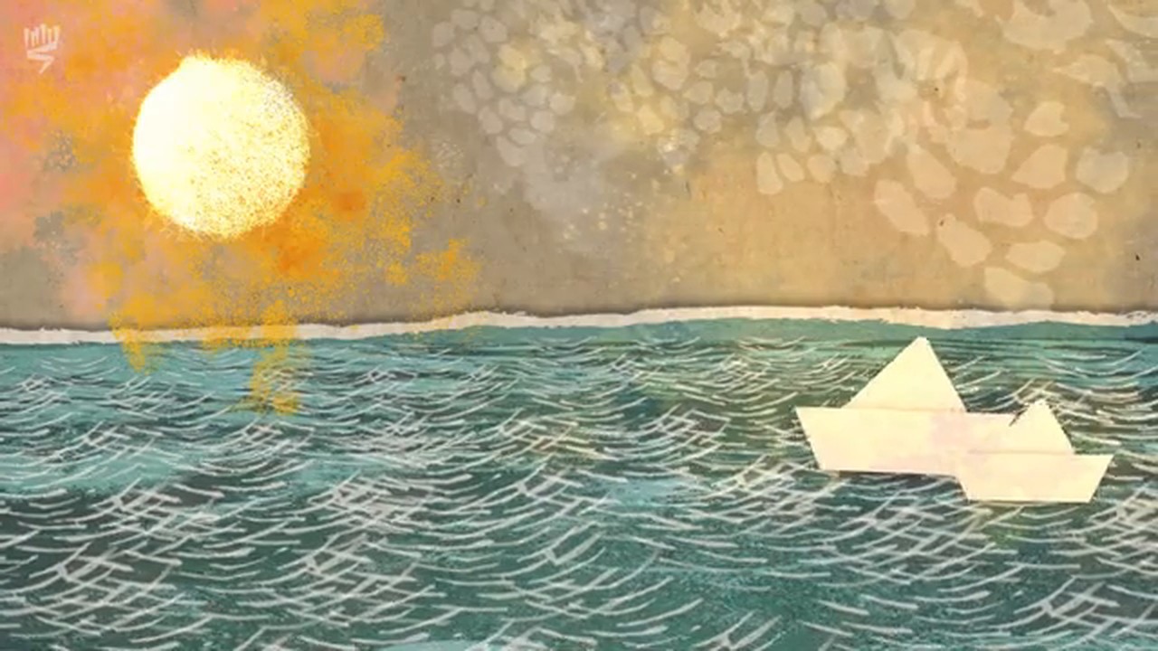 Film still: paper boats on a green sea under a hazy orange sun