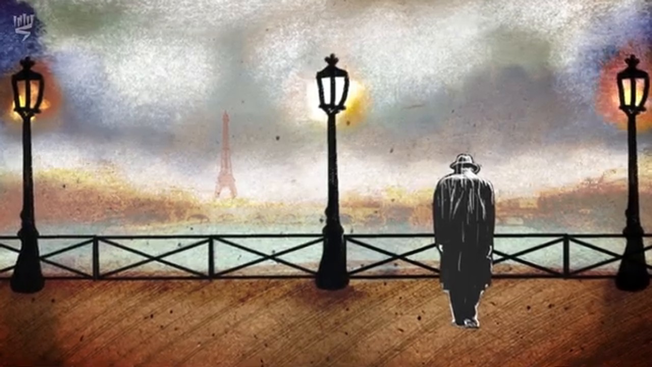 Film still: a man walking alone on a promenade lined with lamps, the Eiffel Tower in the distance