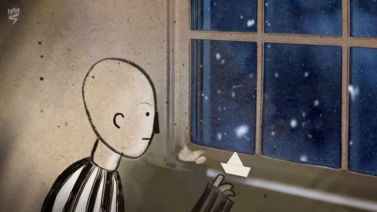 Film still: a boy in stripes at a hospital window at night, snow falling, a paper boat on the sill