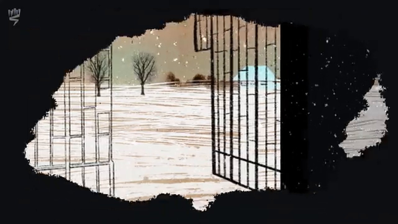 Film still: a camp gate open on a snowy field, seen through a torn opening in the dark