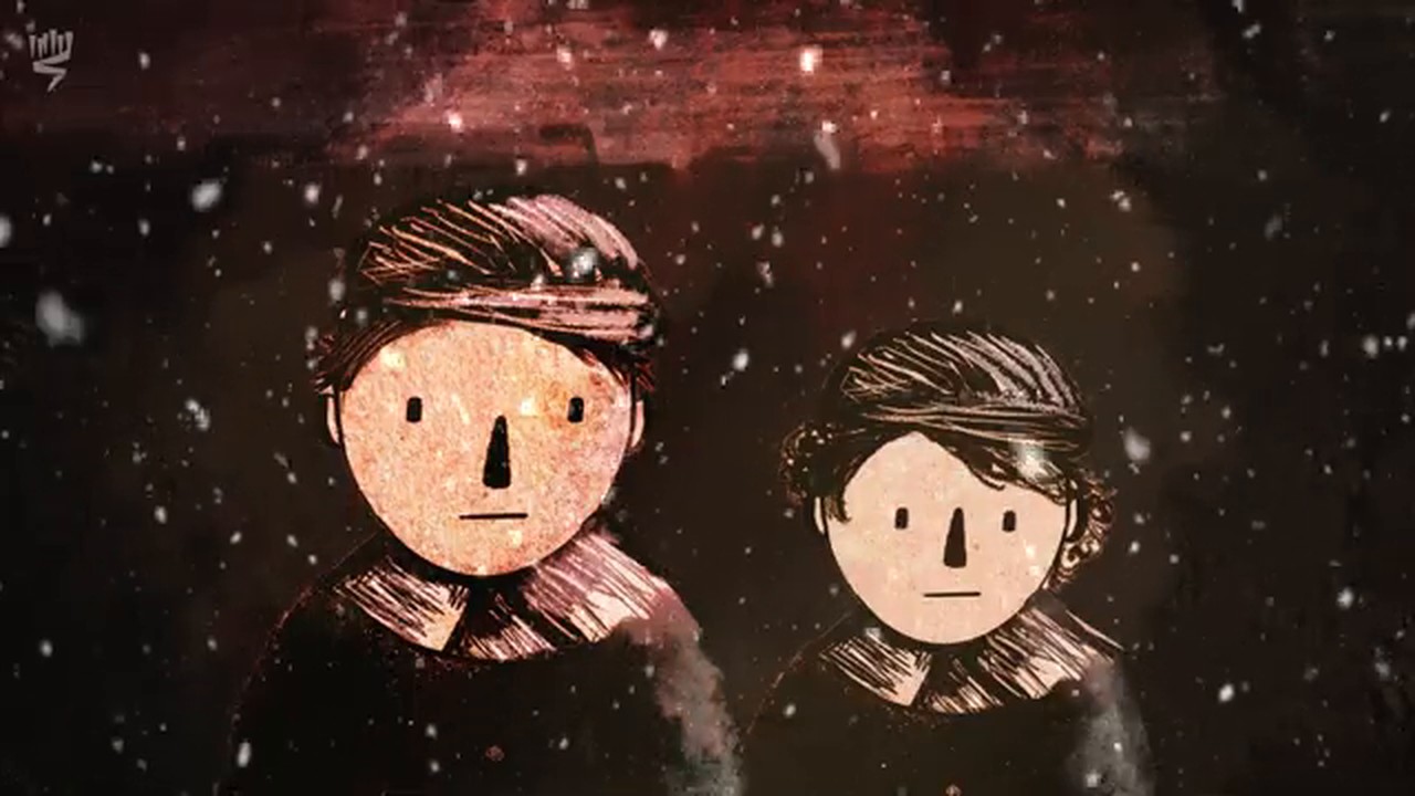Film still: the faces of two young brothers in the snow