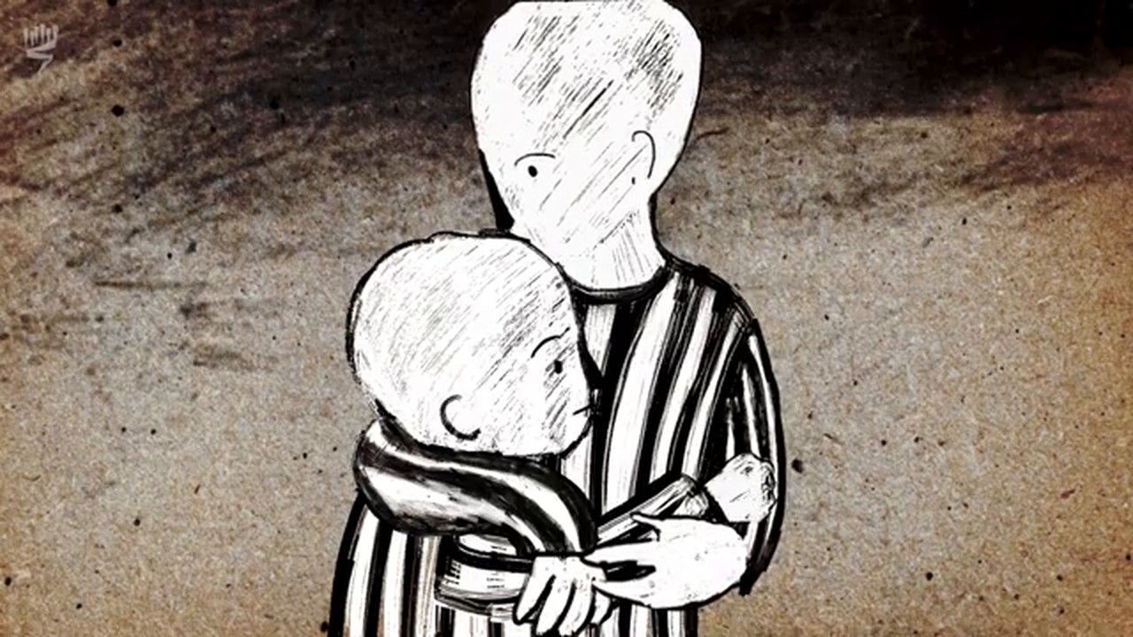 Film still: an older boy in prison stripes holding his younger brother tight