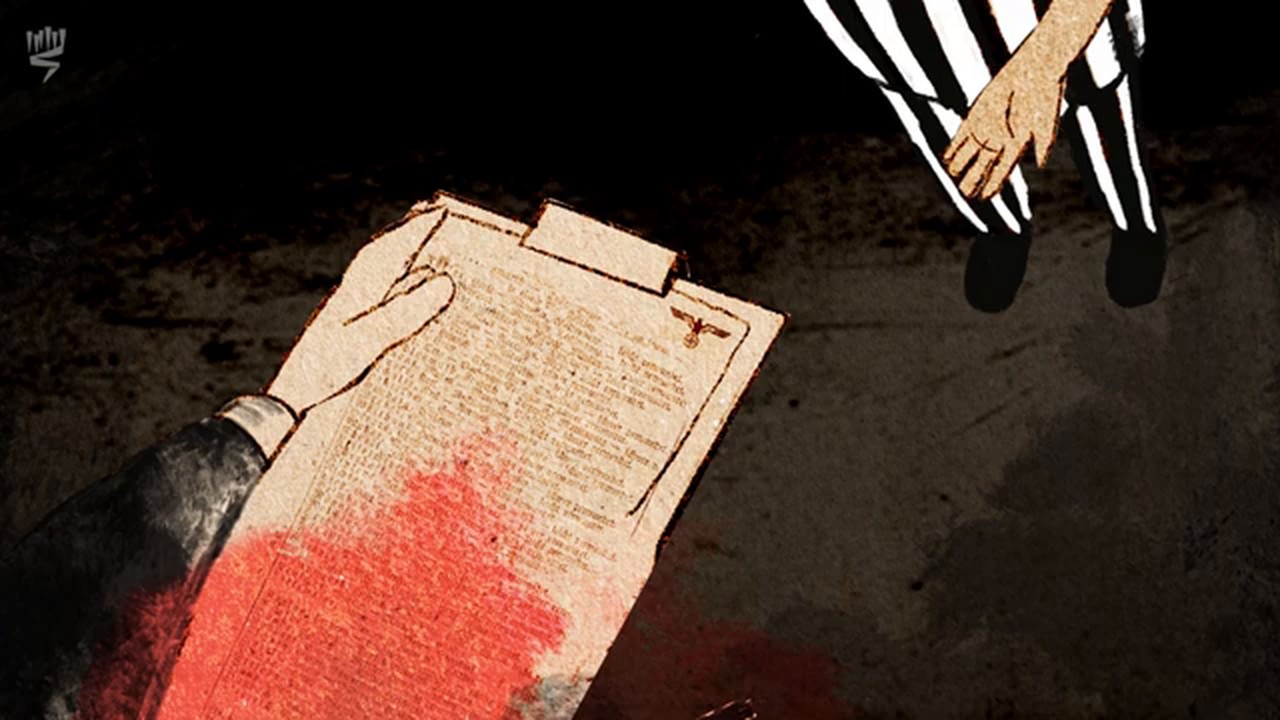 Film still: a hand holding a clipboard with a list, a red stain spreading across it, a prisoner's arm reaching in