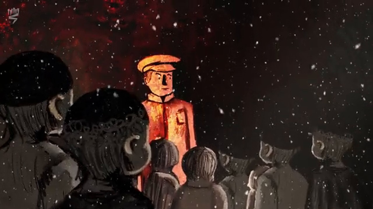 Film still: a German officer lit in red among dark figures in the snow