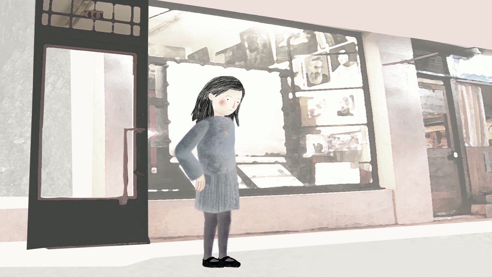 Film still: Elka in front of a shop window