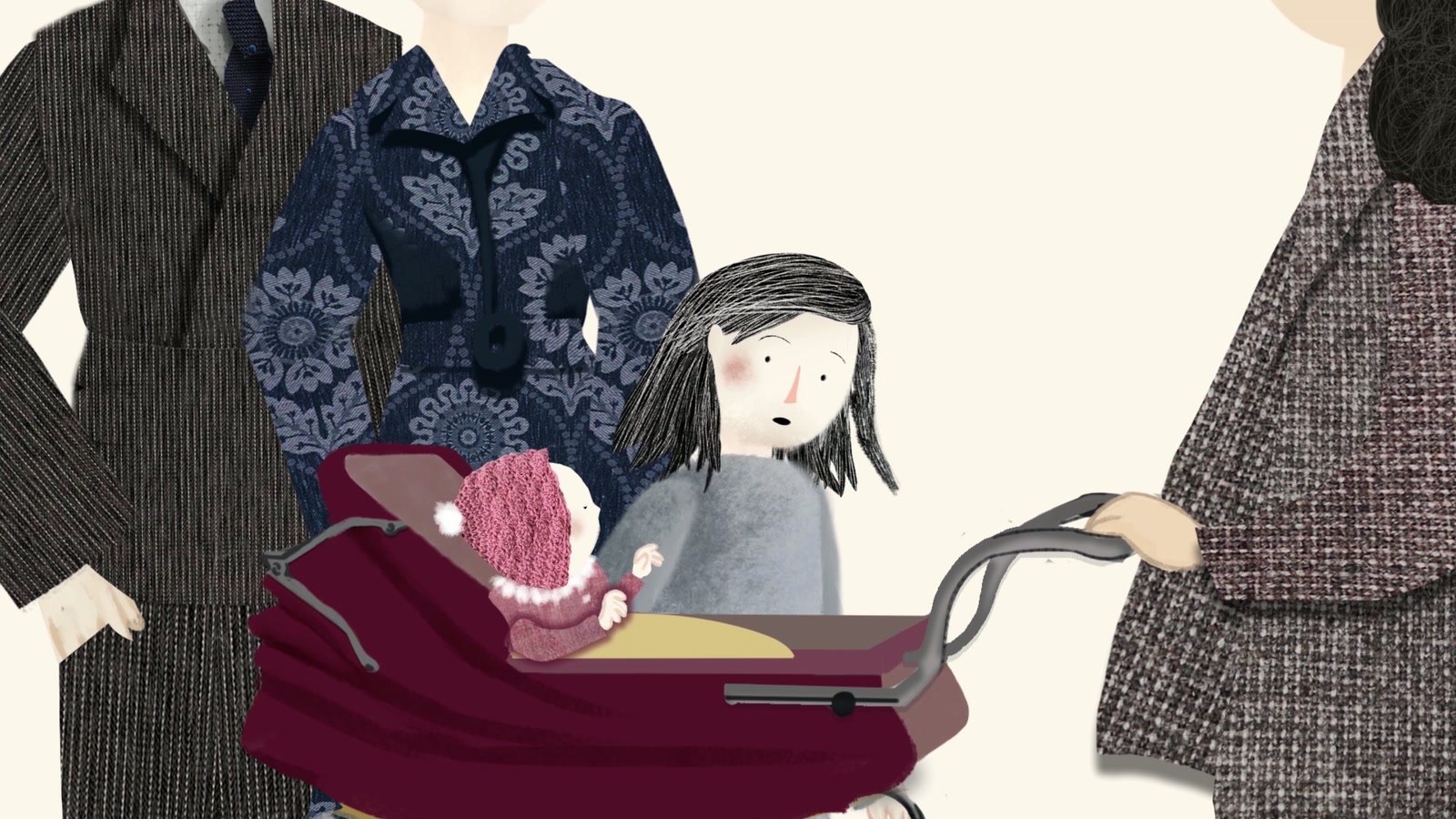 Film still: Elka beside a pram among grown-ups in patterned coats