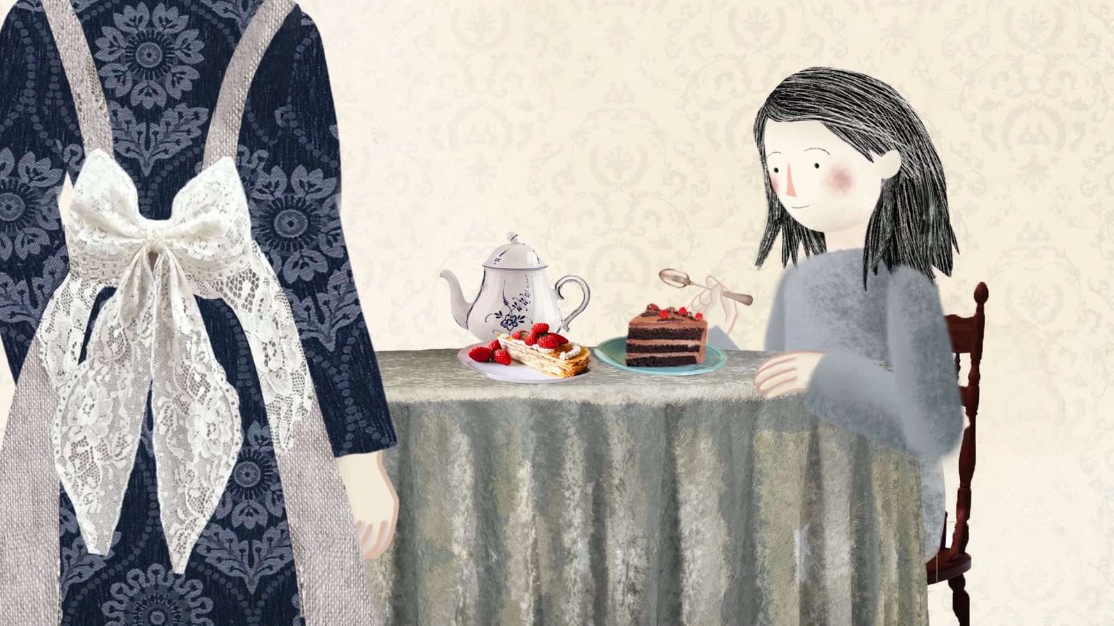 Film still: Elka at a table with tea and cake, Oma beside her in a lace apron