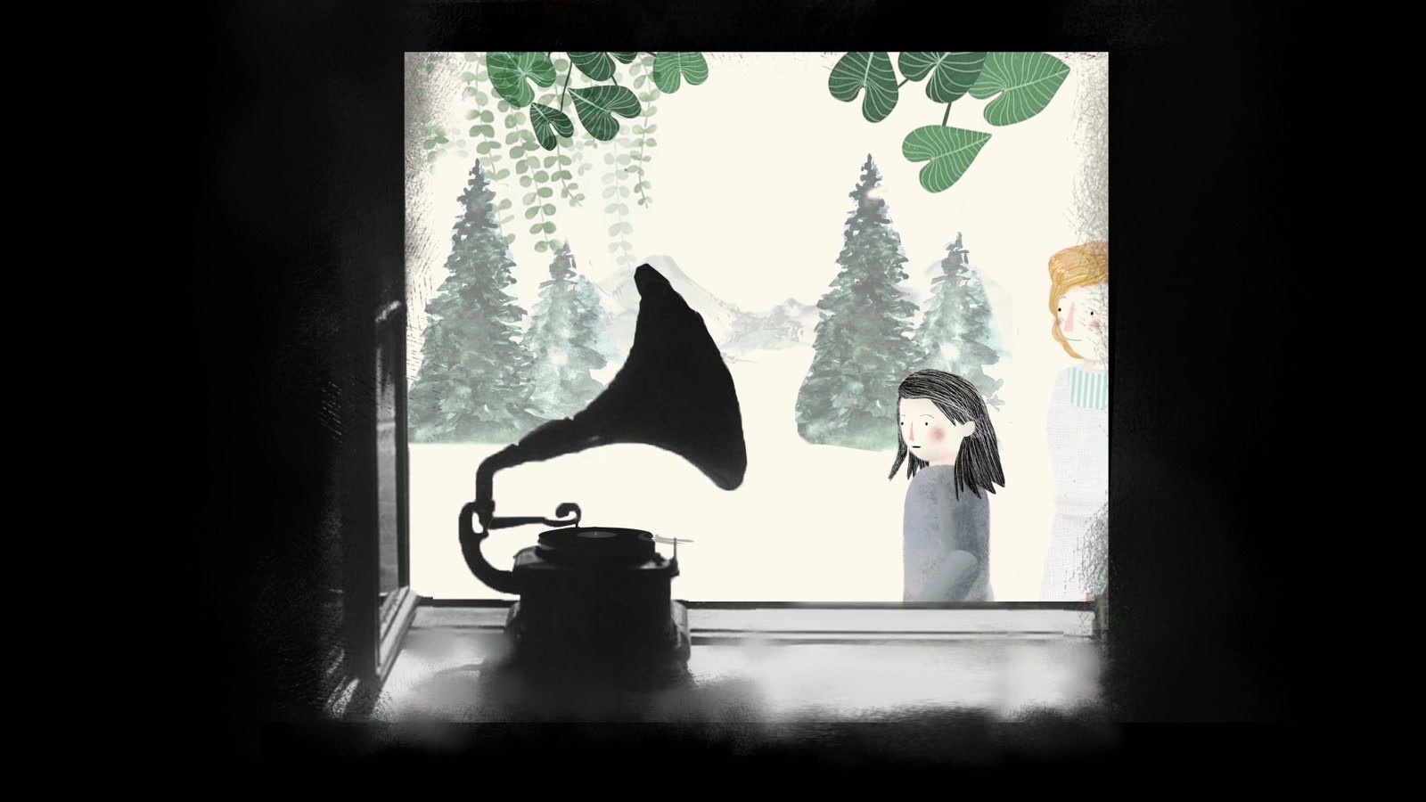 Film still: Elka and Hildegard seen through a window, a gramophone in the dark room before them