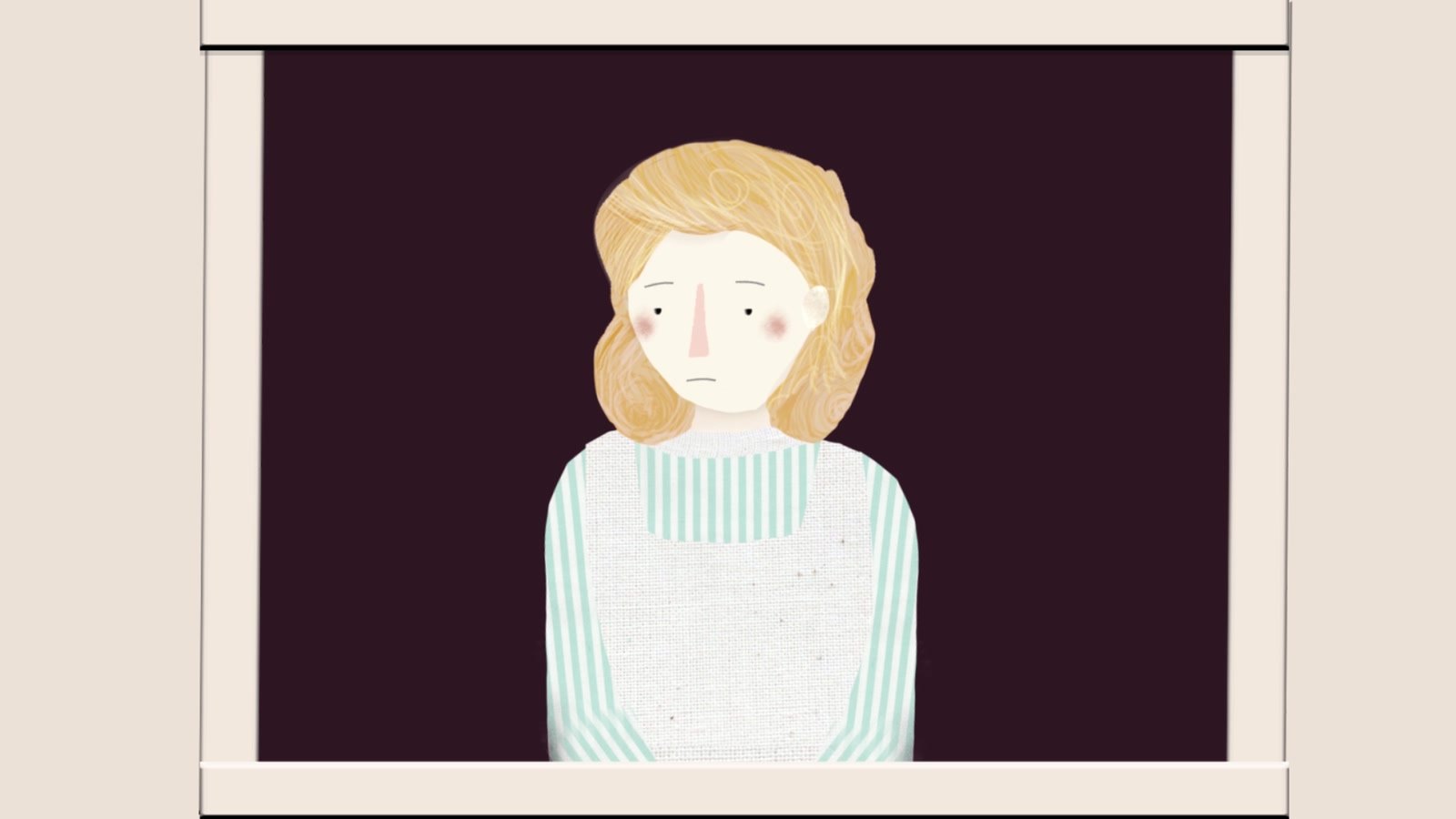 Film still: Hildegard alone at a window, looking out