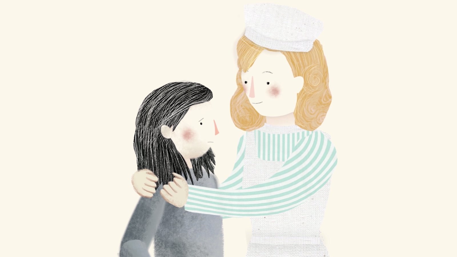 Film still: Hildegard, in her nurse's cap and striped sleeves, holding Elka by the shoulders and smiling at her