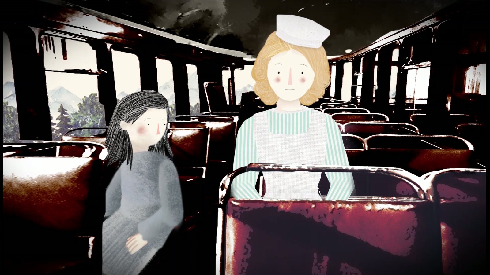 Film still: Elka and Hildegard facing each other in a dark-red train compartment